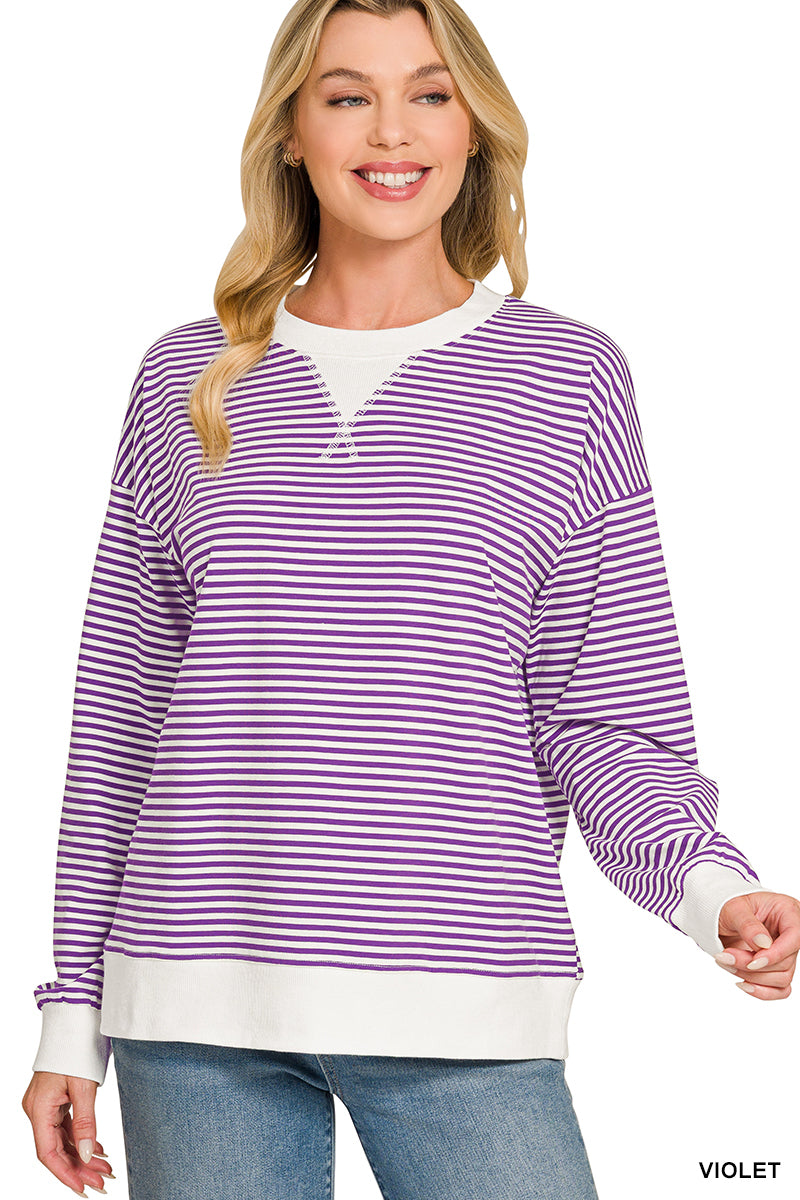 Striped Ribbed Trim Pullover Top - Color Options