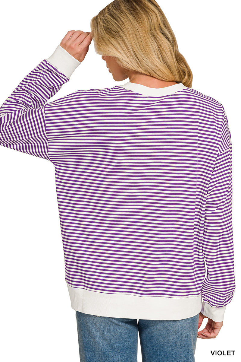 Striped Ribbed Trim Pullover Top - Color Options
