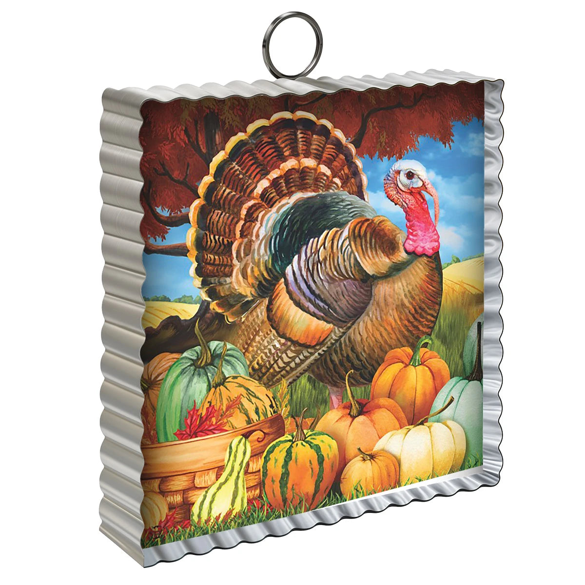 Turkey and Pumpkins Mini Moment WOoden Sign with Scalloped Metal Frame
