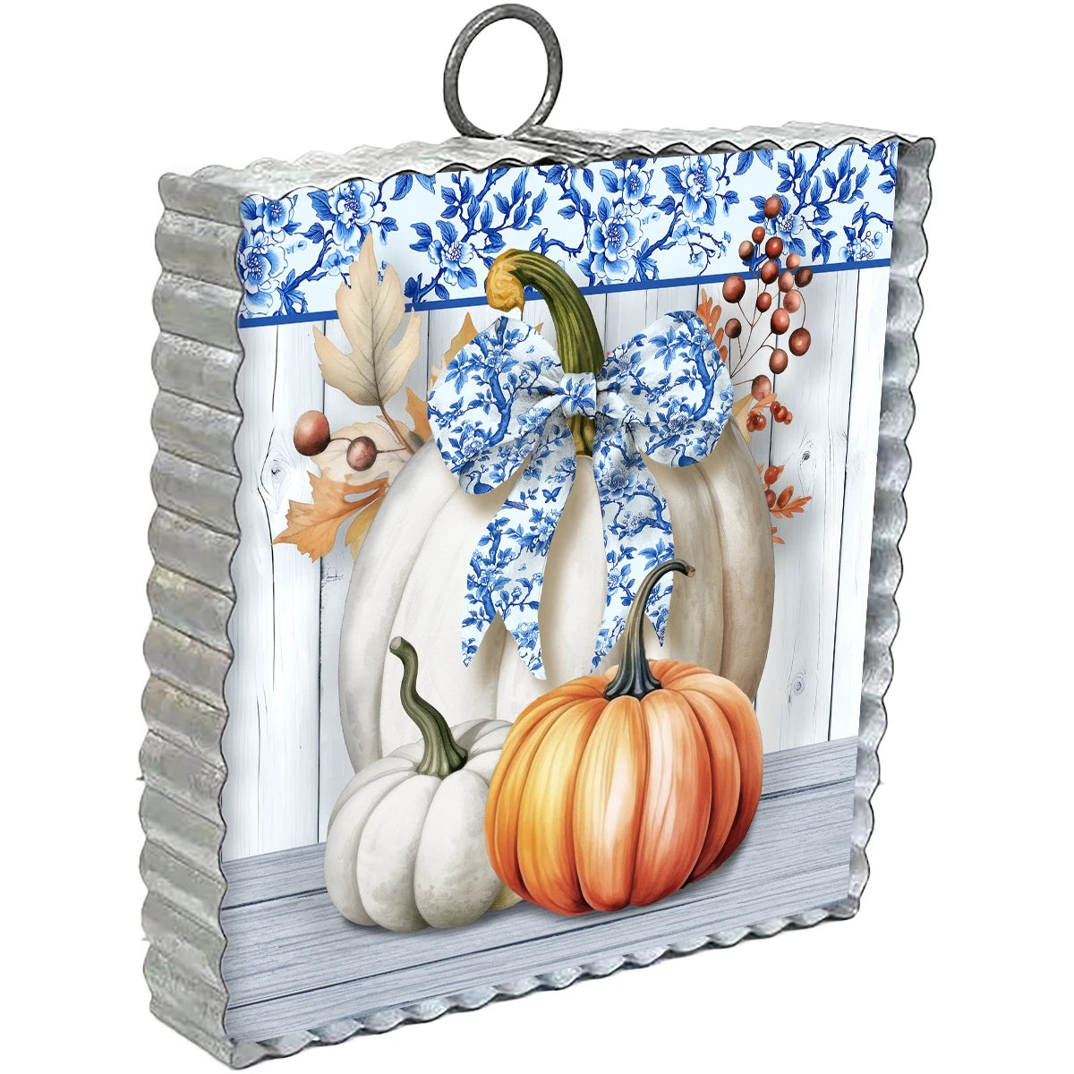 Blue and White Pumpkin Mini Moment - Metal Scalloped Frame