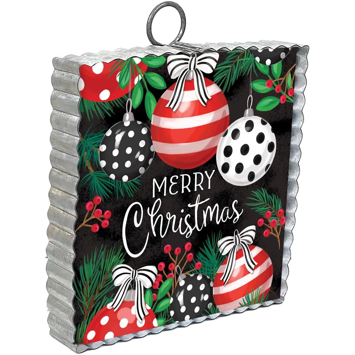 Festive Christmas Ornaments Mini Moment - Wooden Sign with Scalloped Metal Frame