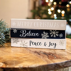 Snowflake Mini Stick Sign - 3 Options, Merry Christmas, Believe or Peace & Joy