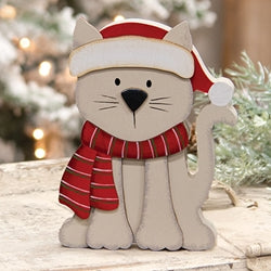 Kitten in Santa Hat & Scarf Chunky Wooden Sitter