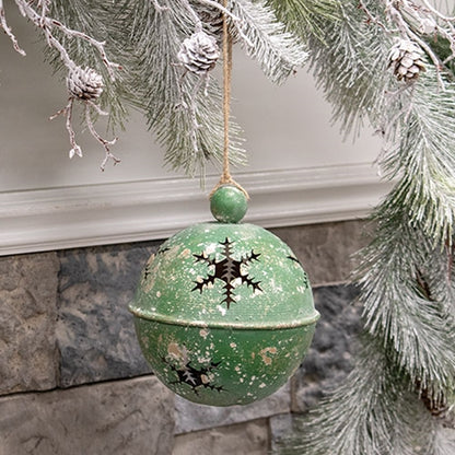 Green Gleaming Distressed Metal Snowflake Jingle Bell - 3 Sizes