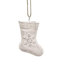 White Distressed Metal Stocking with Embossed Snowflake Ornament