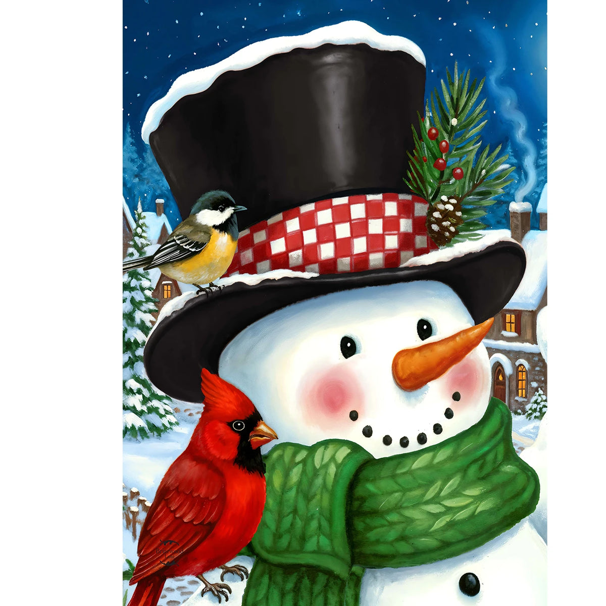Holiday Village Snowman & Birds Garden Flag
