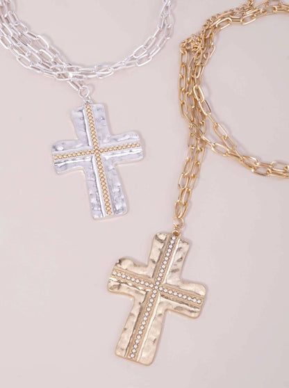 Elegant Cross Hammered Pendant Necklace