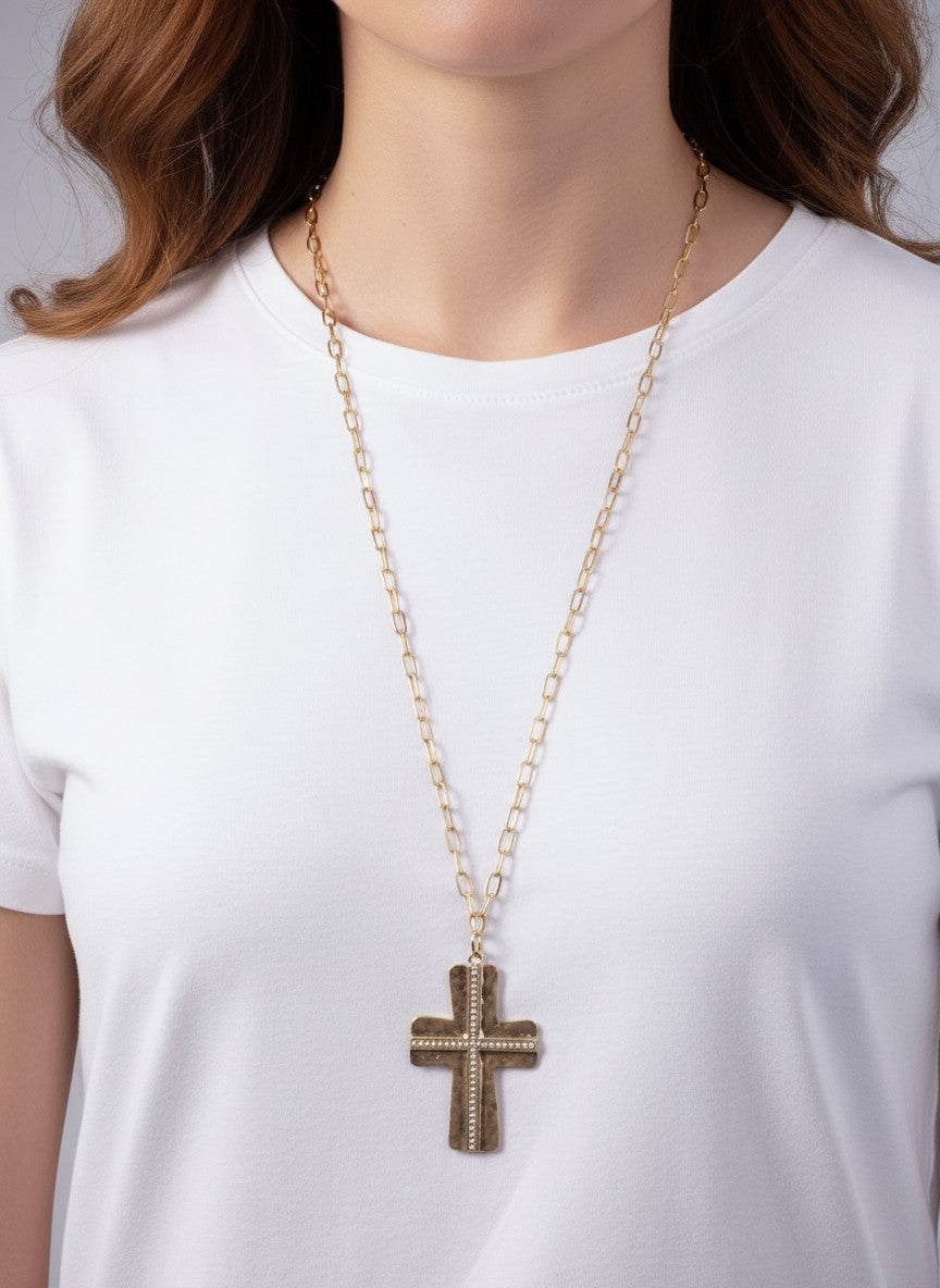 Elegant Cross Hammered Pendant Necklace