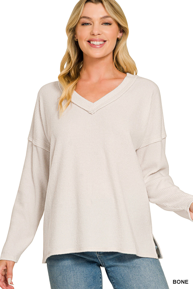 Ribbed V-Neck Brushed Top - Color Options