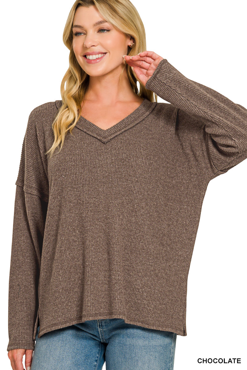 Ribbed V-Neck Brushed Top - Color Options