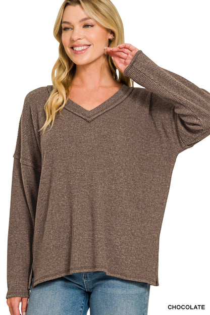 Ribbed V-Neck Brushed Top - Color Options