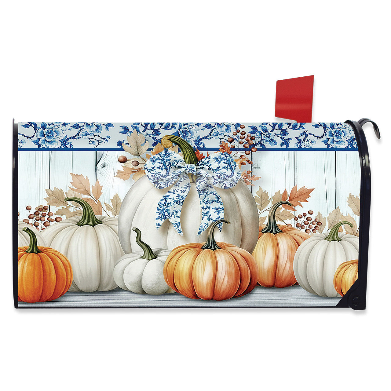 Blue and White Pumpkins Mailbox Cover - Oversized
