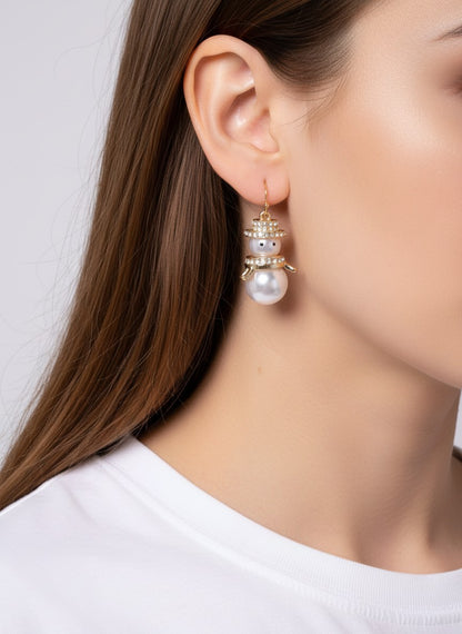 Pearl Rhinestone Snowman Drop Earrings