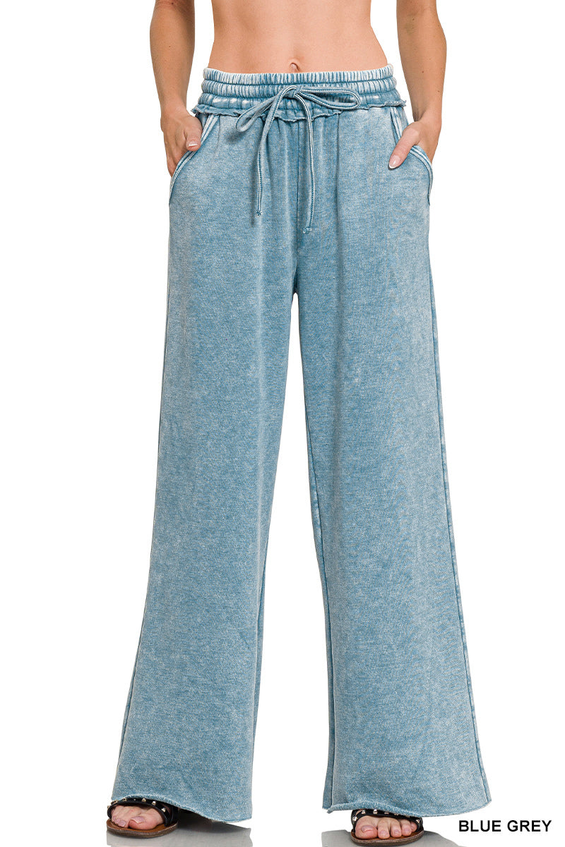 Acid Washed Fleece Lined Palazzo Sweatpants With Pockets - Color Options