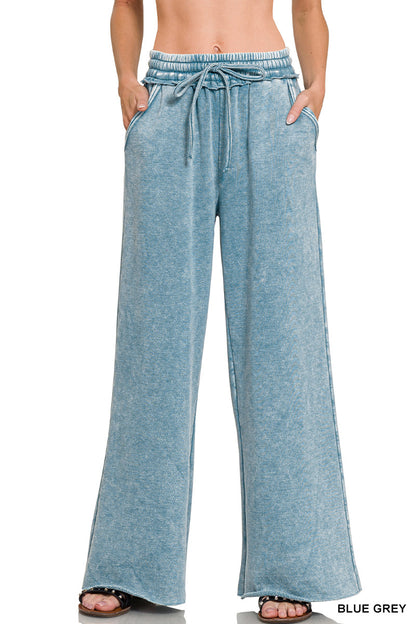 Acid Washed Fleece Lined Palazzo Sweatpants With Pockets - Color Options