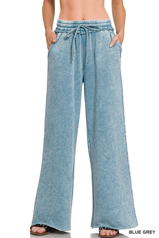 Acid Washed Fleece Lined Palazzo Sweatpants With Pockets - Color Options