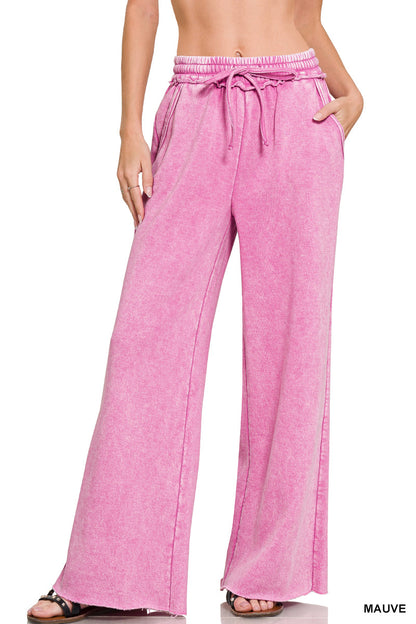 Acid Washed Fleece Lined Palazzo Sweatpants With Pockets - Color Options