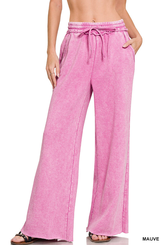 Acid Washed Fleece Lined Palazzo Sweatpants With Pockets - Color Options