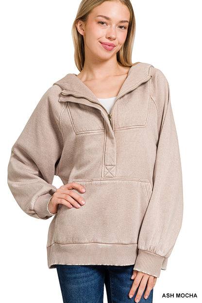 Acid Wash Fleece 1/4 Zip Hoodie Kangaroo Pocket