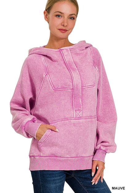 Acid Wash Fleece 1/4 Zip Hoodie Kangaroo Pocket