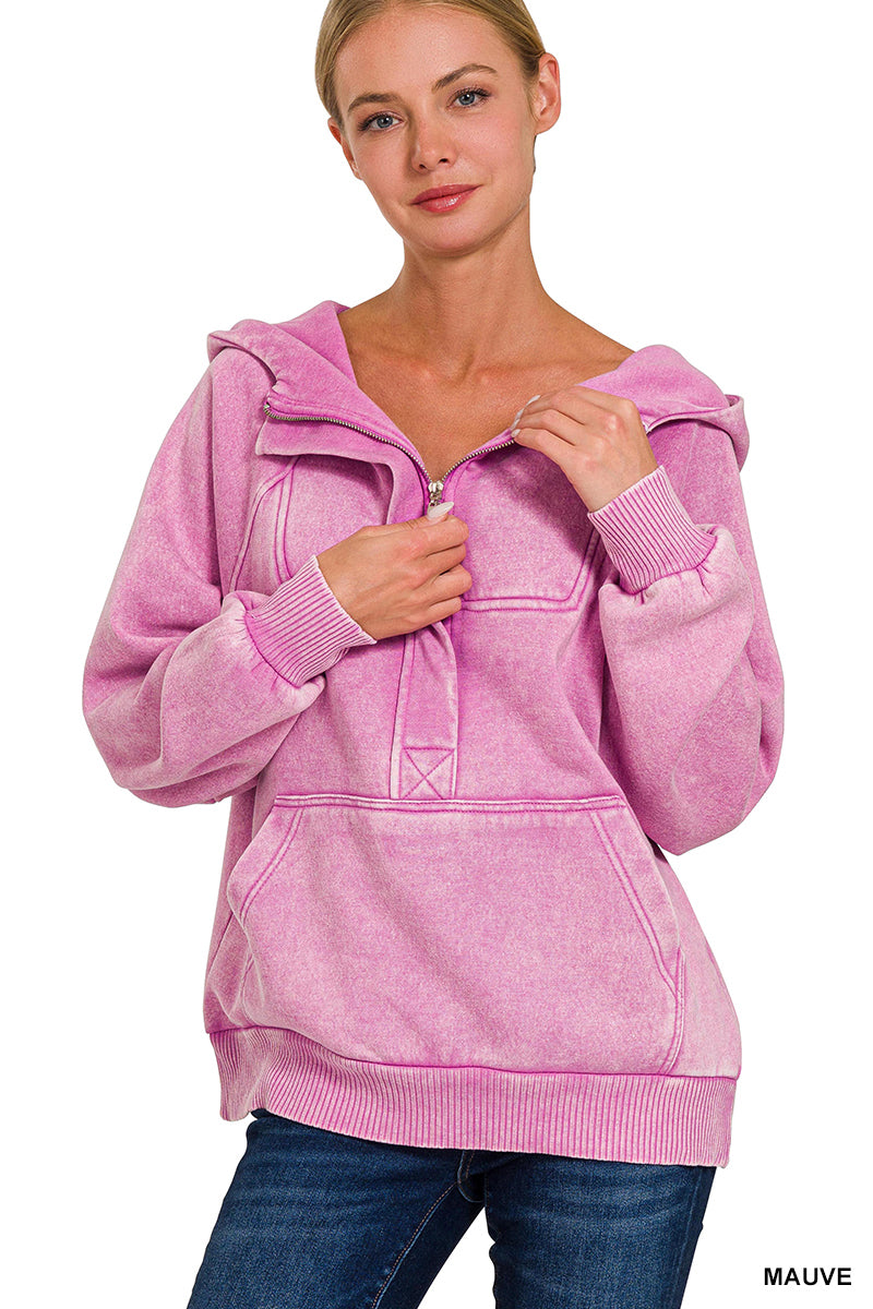 Acid Wash Fleece 1/4 Zip Hoodie Kangaroo Pocket