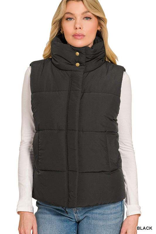 High Neck Zipper Puffer Vest - Color Options