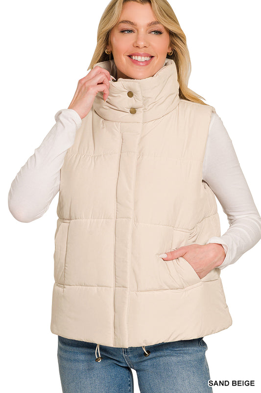 High Neck Zipper Puffer Vest - Color Options