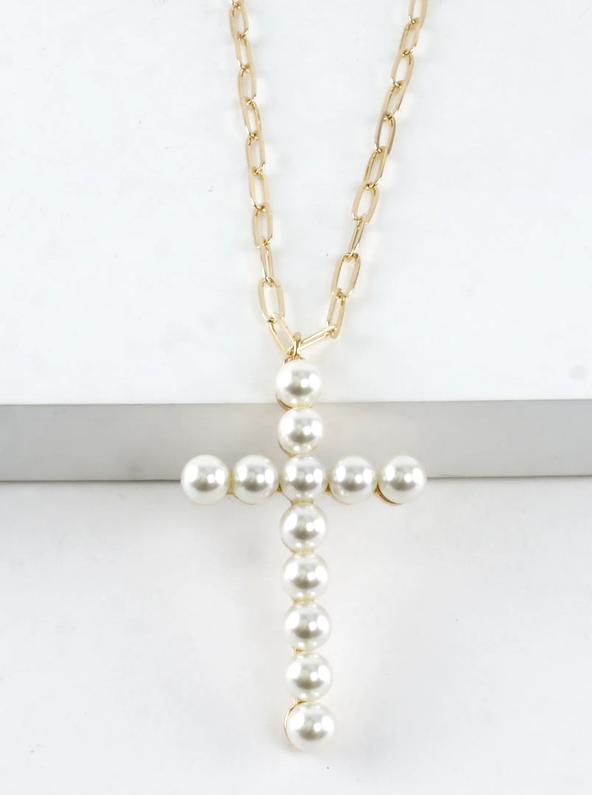 Pearl Cross Pendant Paperclip Chain Necklace