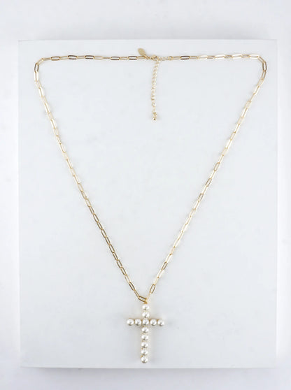 Pearl Cross Pendant Paperclip Chain Necklace