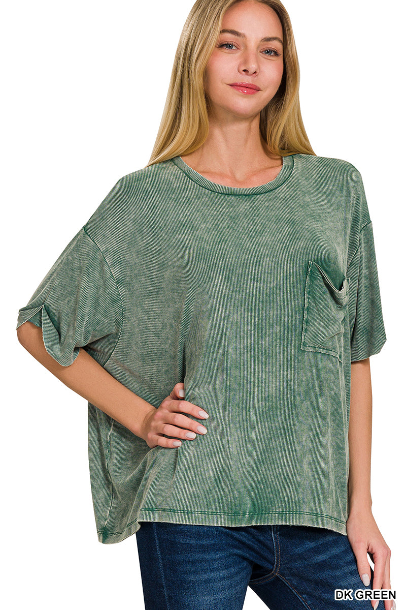 Washed Ribbed Cuffed Short Sleeve Round Neck Top