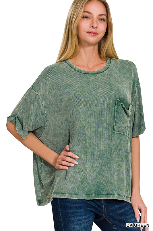 Washed Ribbed Cuffed Short Sleeve Round Neck Top