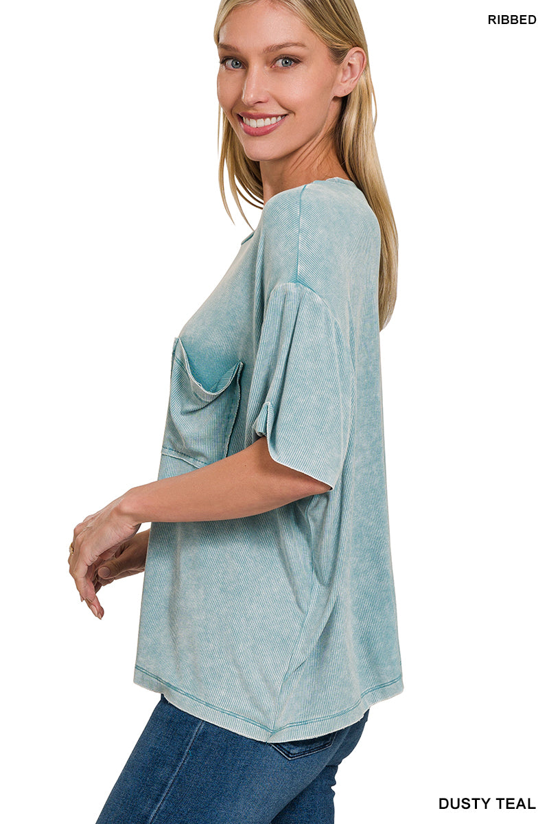 Washed Ribbed Cuffed Short Sleeve Round Neck Top