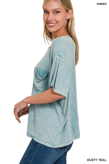 Washed Ribbed Cuffed Short Sleeve Round Neck Top
