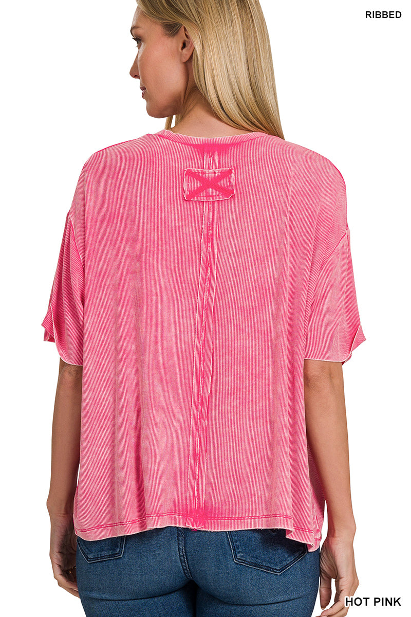 Washed Ribbed Cuffed Short Sleeve Round Neck Top