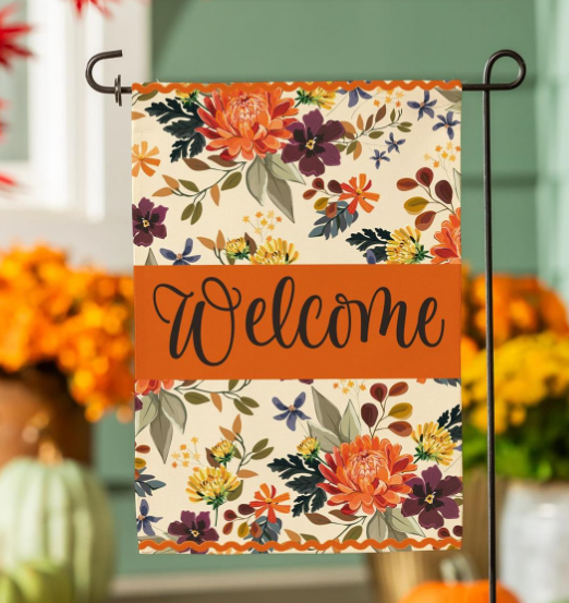 Fall Floral Welcome Burlap Garden Flag