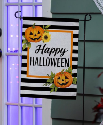 Happy Halloween Striped Jack-O-Lanterns Burlap Garden Flag