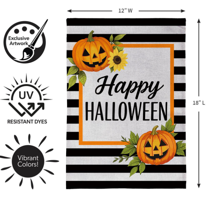 Happy Halloween Striped Jack-O-Lanterns Burlap Garden Flag