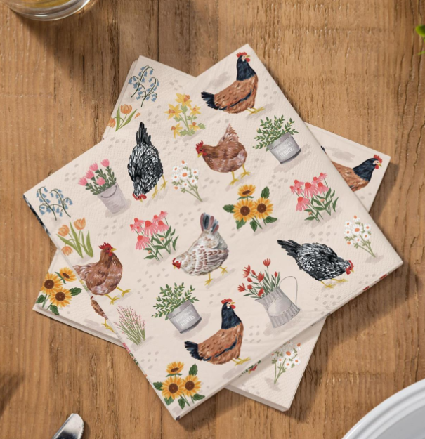 Hillside Pasture Floral Hens Paper Luncheon Napkins