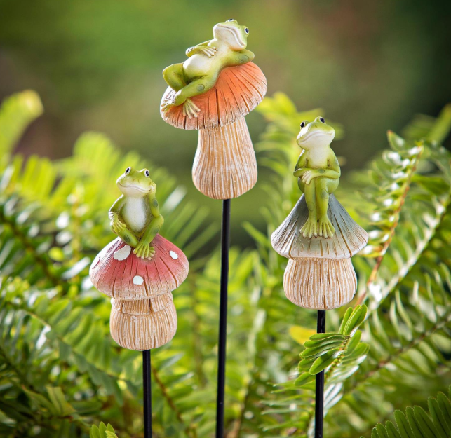 Frog on Mushroom Plant Stake - Colors Vary