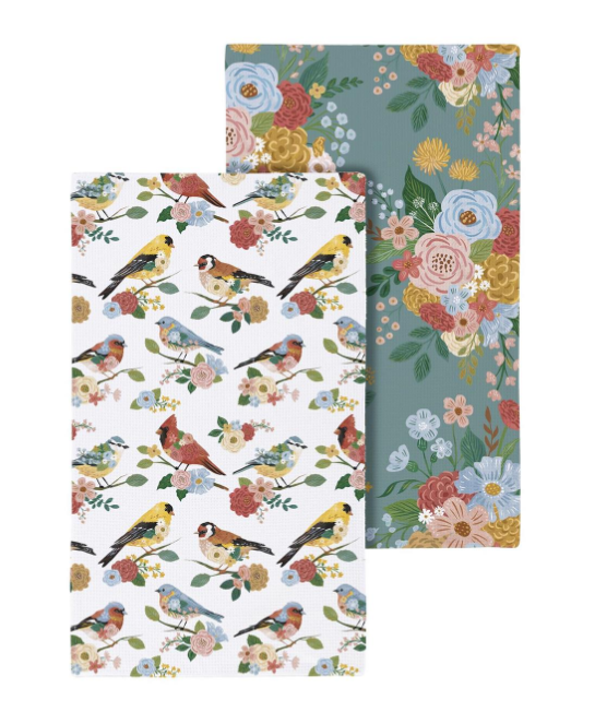 Cottage Garden and Birds Quick Dry Waffle Weave Kitchen Towel - Double Sided