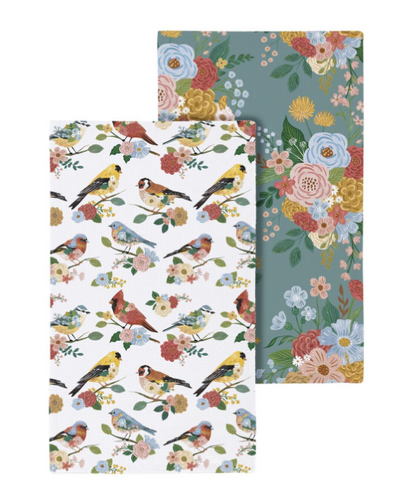 Cottage Garden and Birds Quick Dry Waffle Weave Kitchen Towel - Double Sided