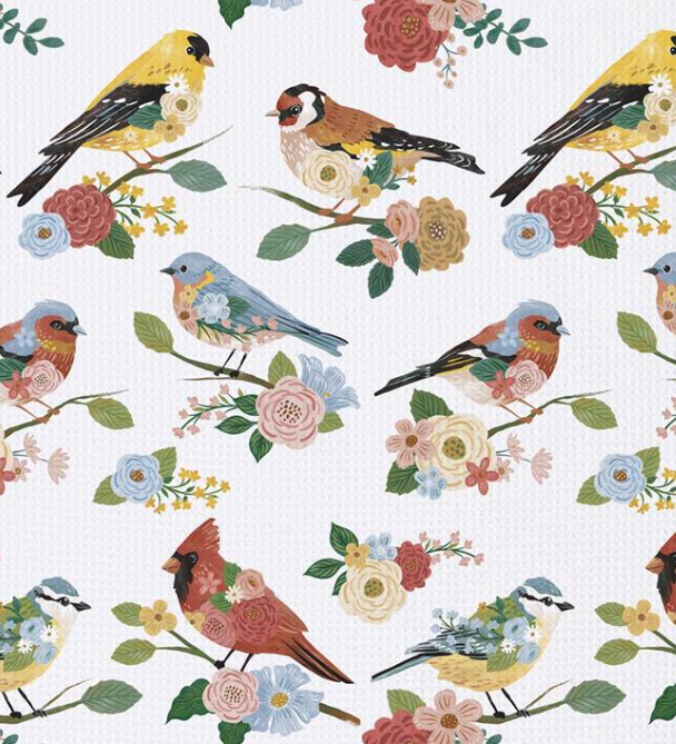 Cottage Garden and Birds Quick Dry Waffle Weave Kitchen Towel - Double Sided
