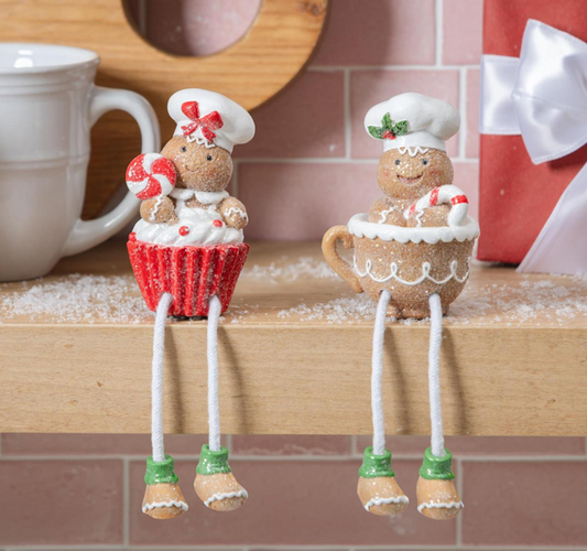 Sugar and Stripes Gingerbread Man in Mug with Dangle Legs Statuary Shelf Sitter - 2 Options