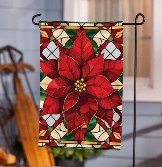 Stained Glass Poinsettia Burlap Garden Flag
