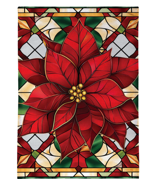 Stained Glass Poinsettia Burlap Garden Flag