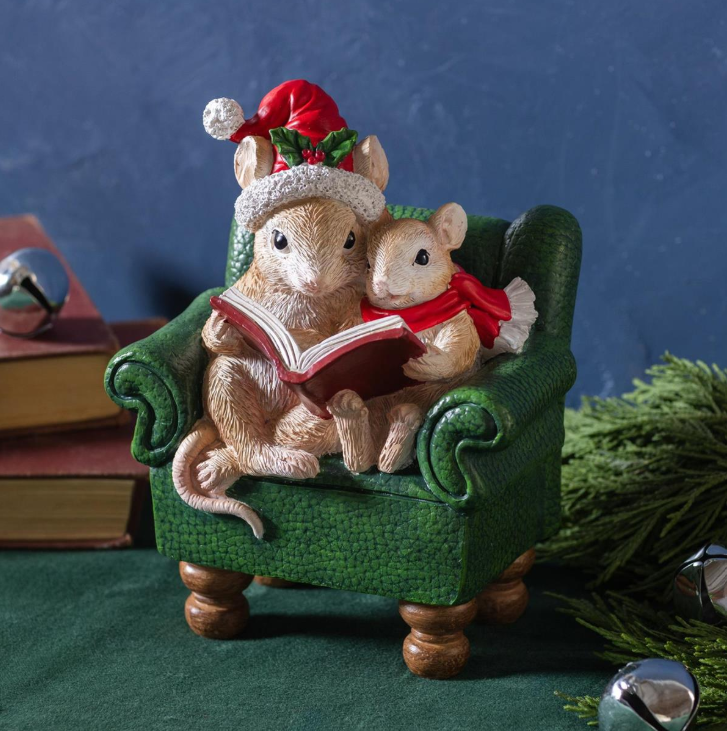 Christmas Mouse and Baby Reading a Book Resin Statuary