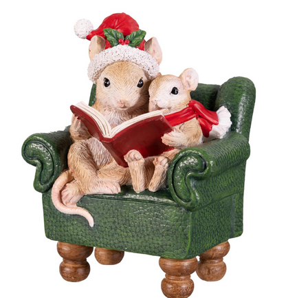 Christmas Mouse and Baby Reading a Book Resin Statuary