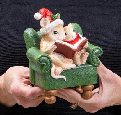 Christmas Mouse and Baby Reading a Book Resin Statuary