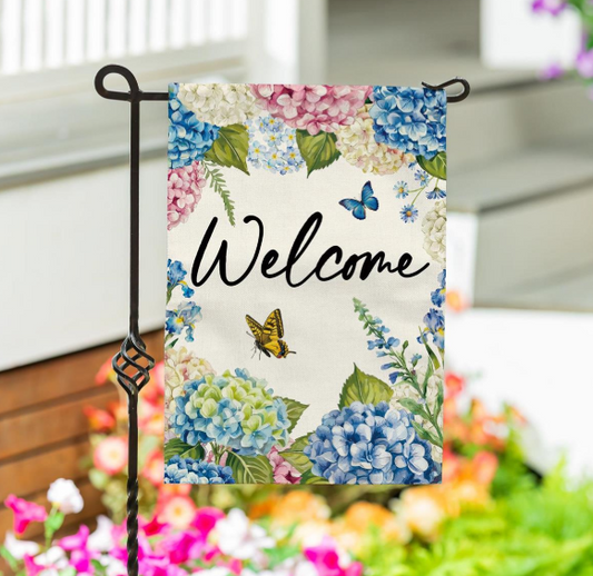 Hydrangea and Butterfly Burlap Garden Flag