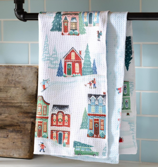 Heartfelt Cheer Christmas Village Quick Dry Waffle Weave Kitchen Towel - Double Sided